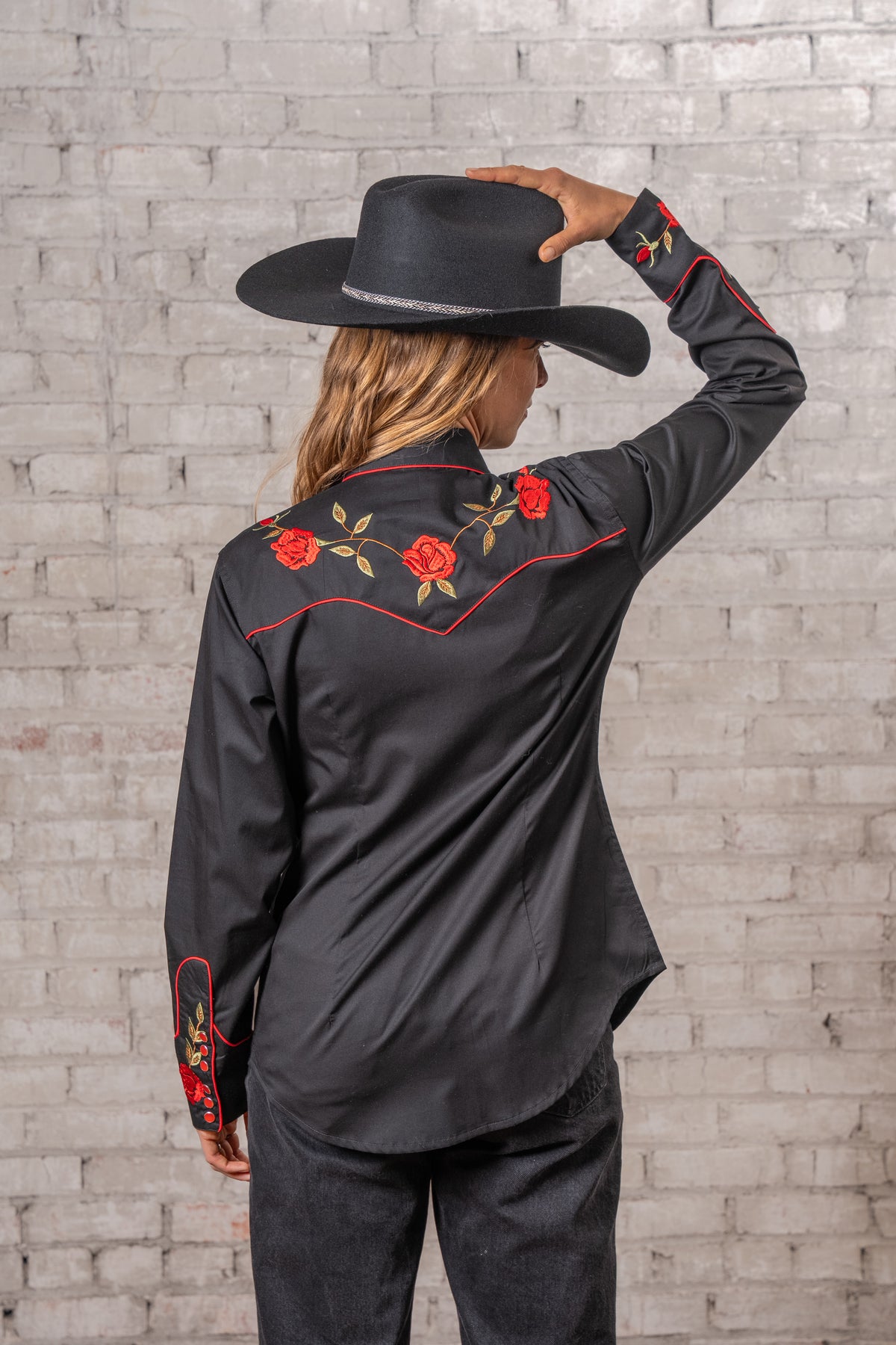 Women's Vintage Black Rose Embroidered Western Shirt by Rockmount Ranch Wear with floral embroidered roses