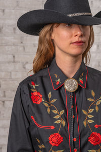 Women's Vintage Black Rose Embroidered Western Shirt by Rockmount Ranch Wear, vintage floral embroidered snap shirt