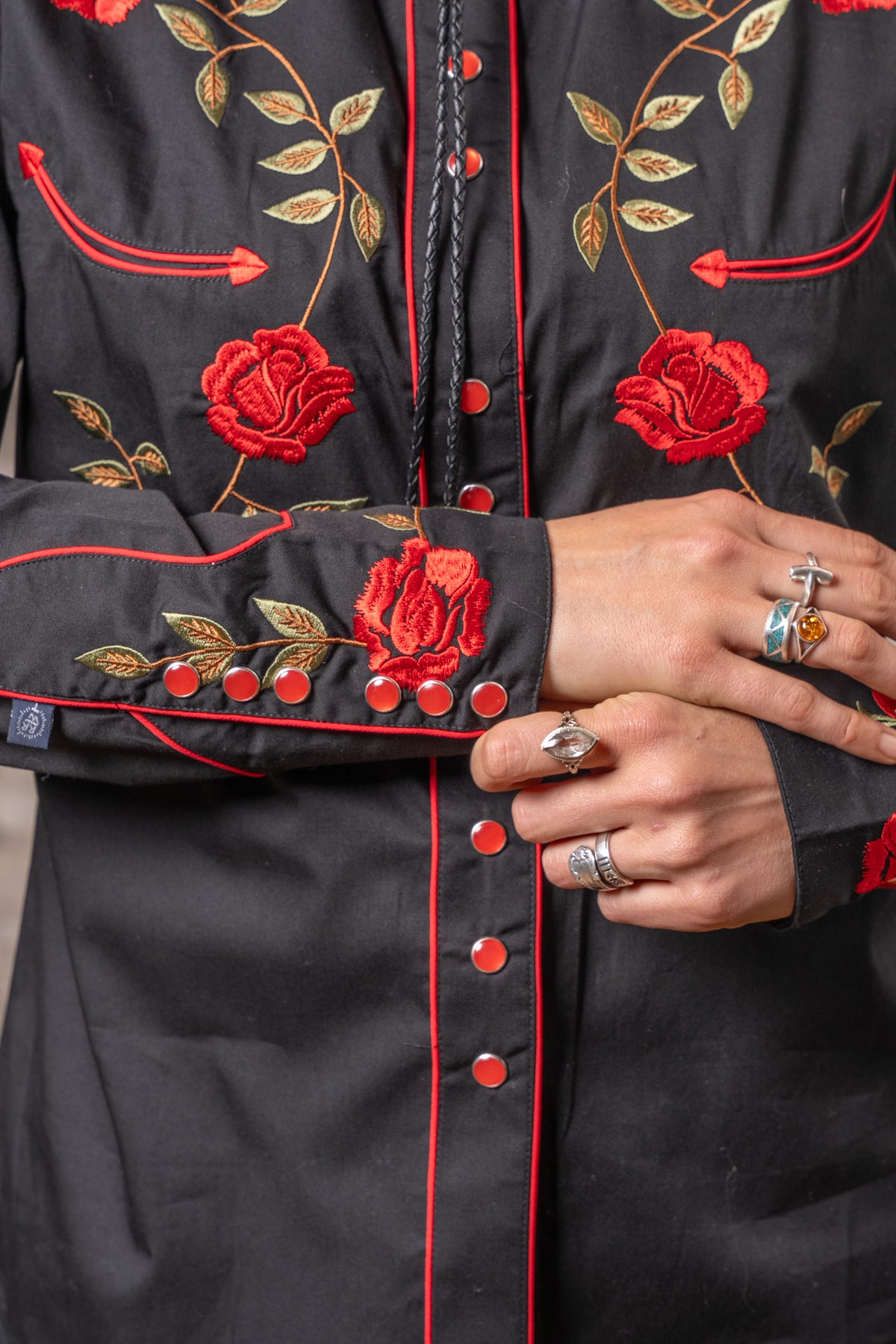 Womens Vintage Black Rose Embroidered Western Shirt by Rockmount Ranch Wear with floral embroidered snap front