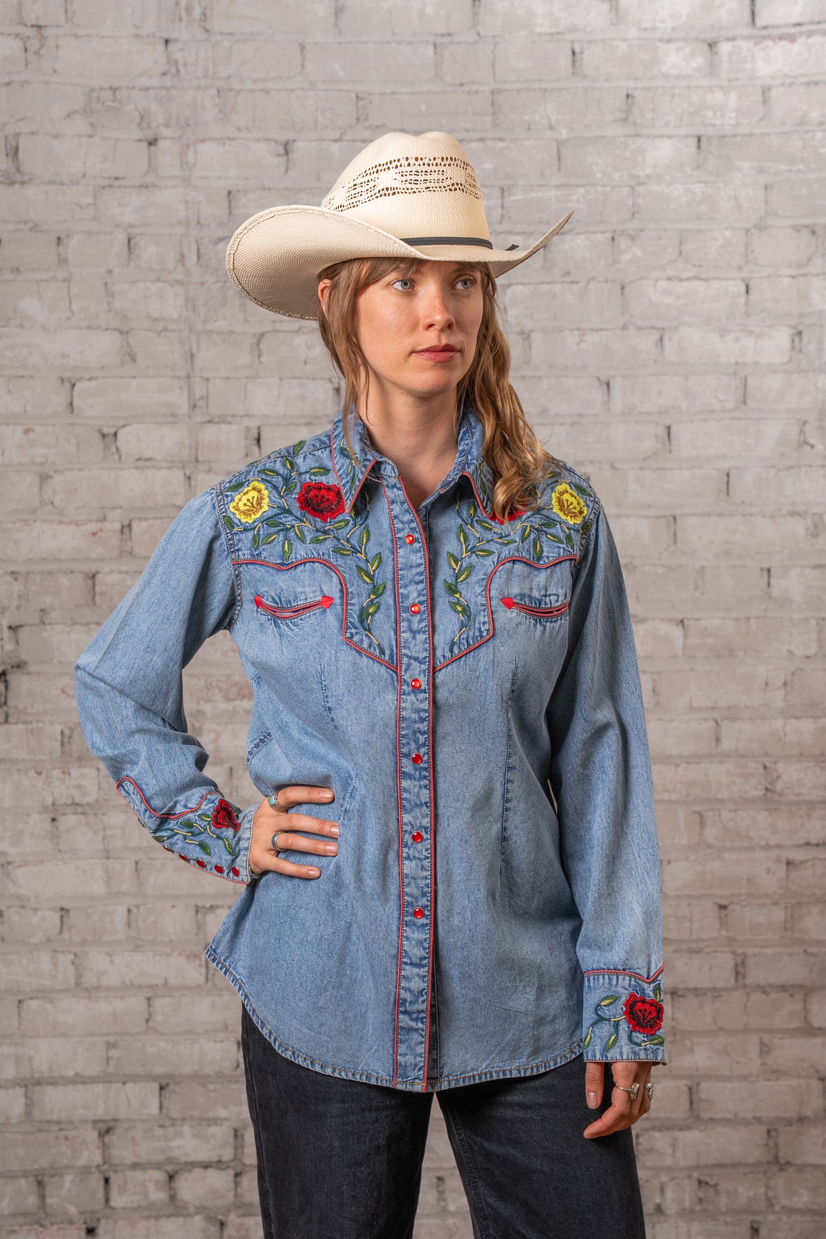 Women's Vintage Denim Floral Embroidered Western Shirt by Rockmount Ranch Wear, vintage western wear denim with embroidered floral