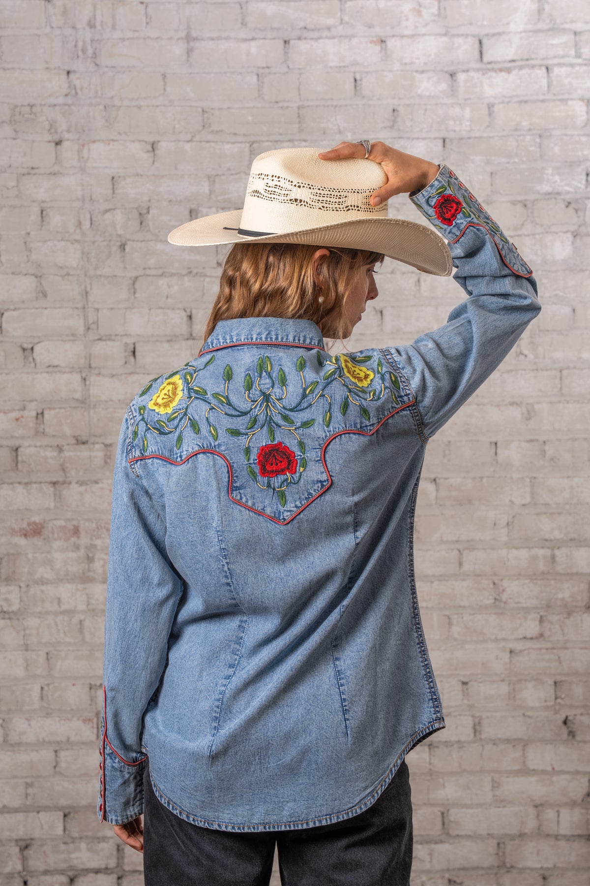 Women's Vintage Denim Floral Embroidered Western Shirt by Rockmount Ranch Wear in vintage denim with embroidered floral