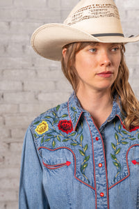 Women's Vintage Denim Floral Embroidered Western Shirt by Rockmount Ranch Wear, vintage western shirt with floral embroidery