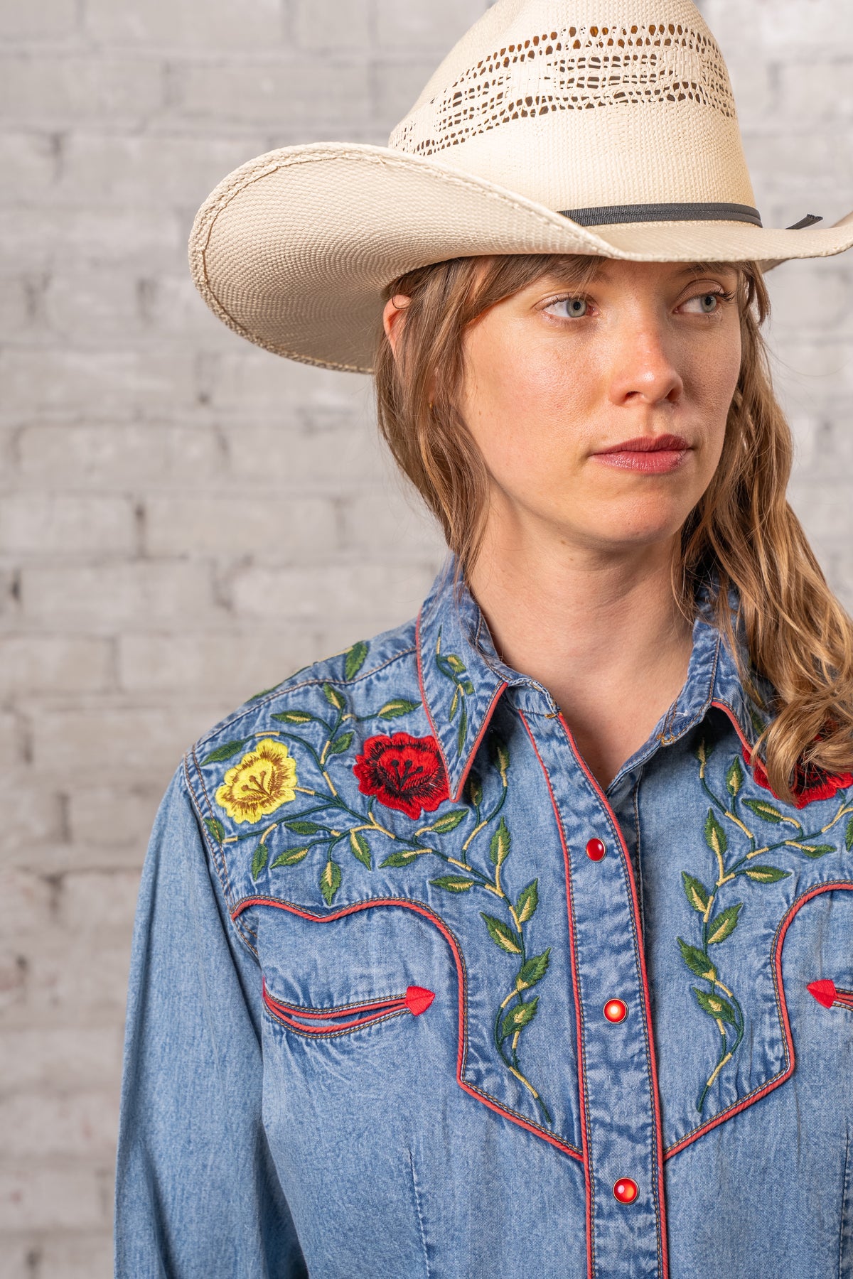 Women's Vintage Denim Floral Embroidered Western Shirt by Rockmount Ranch Wear, vintage western shirt with floral embroidery