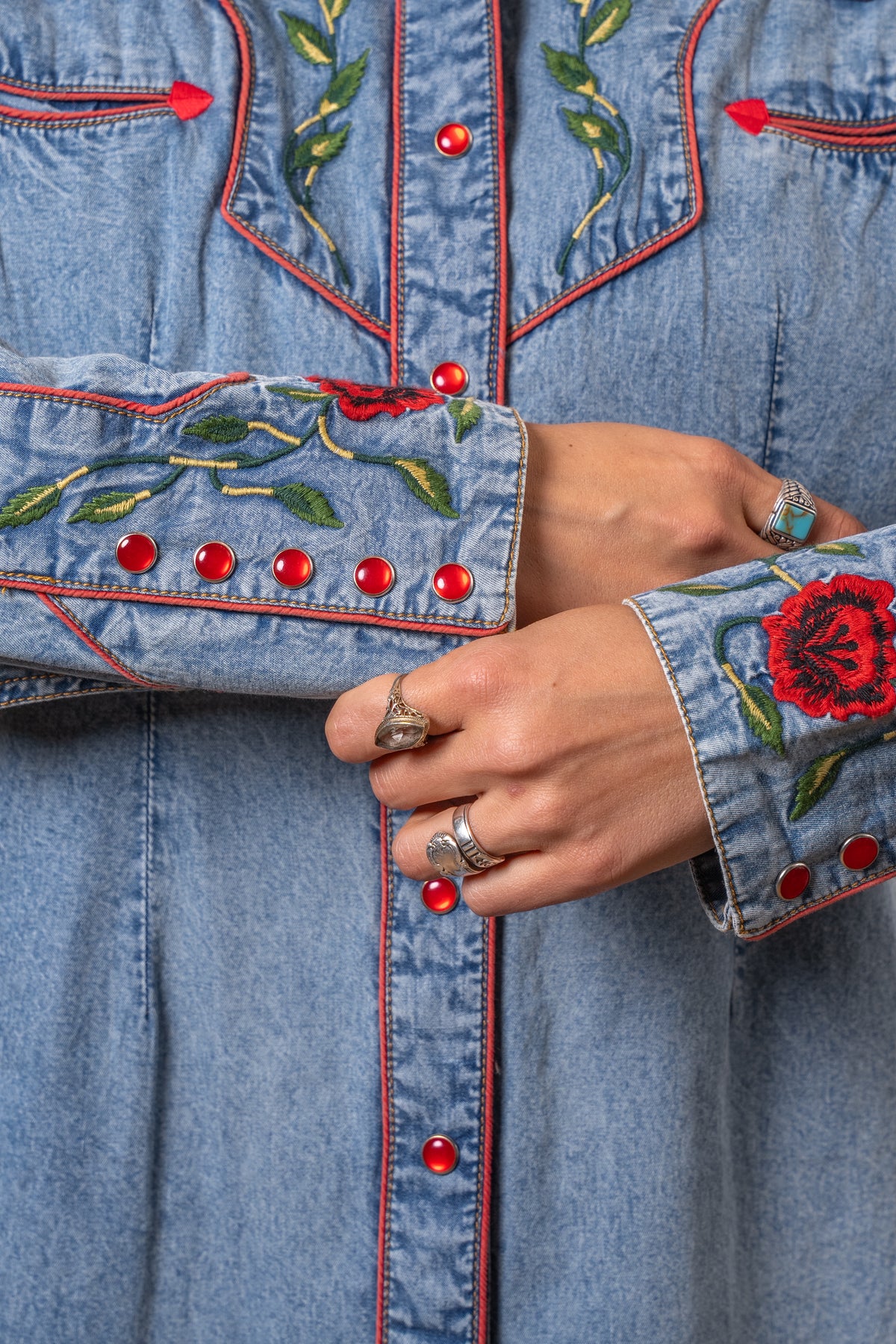 Women's Vintage Denim Floral Embroidered Western Shirt by Rockmount Ranch Wear with fringe and snap buttons