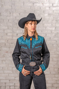 Women's Vintage Black Turquoise Tooling Embroidered Western Shirt by Rockmount Ranch Wear with floral embroidery