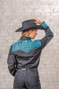 Women's Vintage Black Turquoise Tooling Embroidered Western Shirt by Rockmount Ranch Wear with floral embroidery