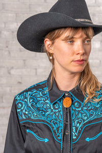 Women's Vintage Black Turquoise Tooling Embroidered Western Shirt by Rockmount Ranch Wear with fringe