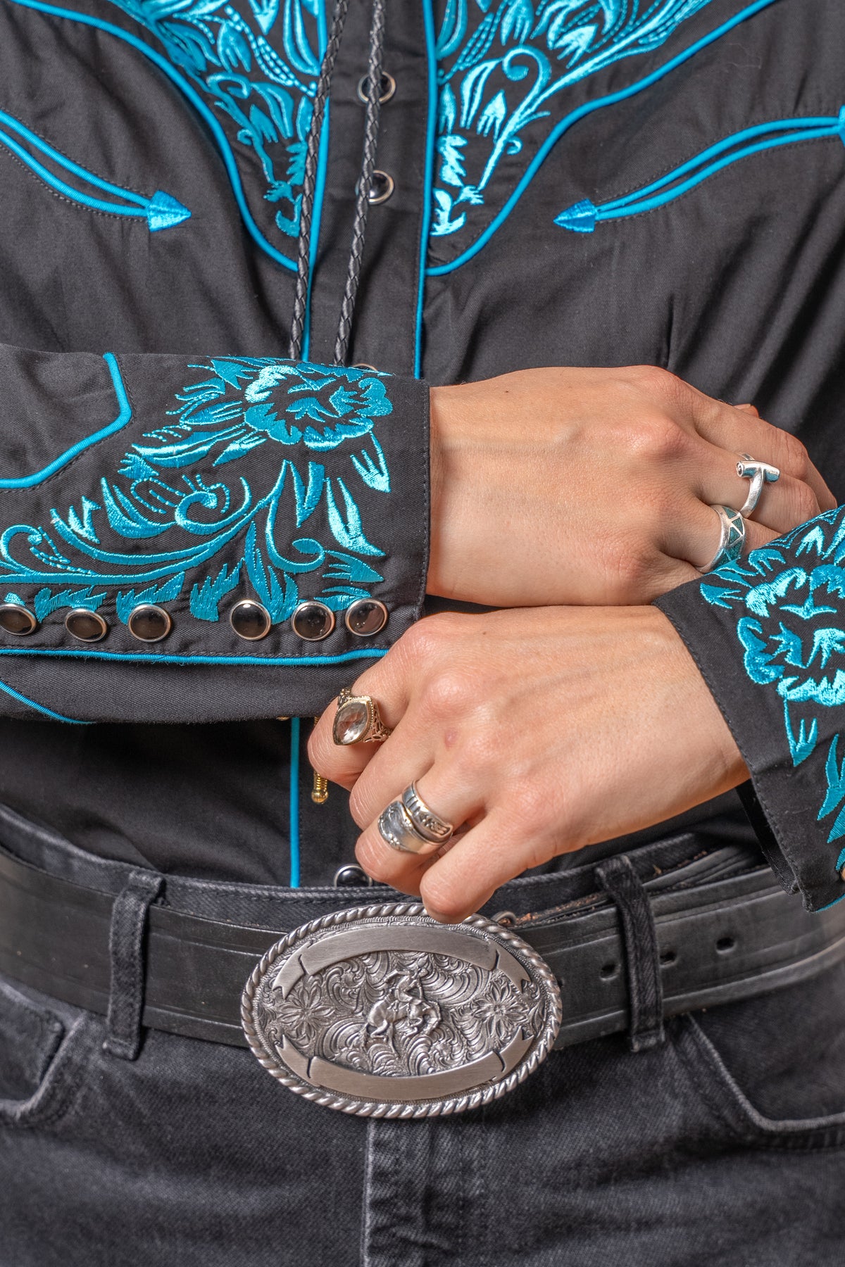 Women27s Vintage Black and Turquoise Tooling Embroidered Western Shirt by Rockmount Ranch Wear with floral embroidery