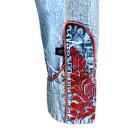 Women's Vintage Denim Red Tooling Embroidered Western Shirt by Rockmount Ranch Wear with embroidered floral denim