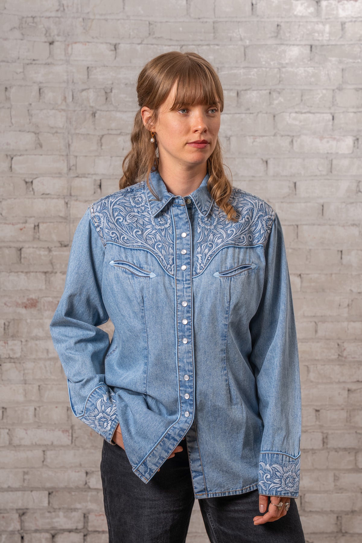 Women's Vintage Denim Blue Tooling Embroidered Western Shirt by Rockmount Ranch Wear with embroidered denim