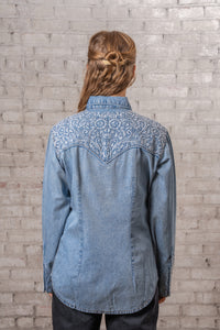 Women's Vintage Denim Blue Tooling Embroidered Western Shirt by Rockmount Ranch Wear, vintage embroidered western shirt