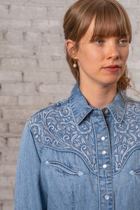 Women's Vintage Denim Blue Tooling Embroidered Western Shirt by Rockmount Ranch Wear in vintage denim with floral embroidery
