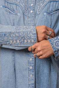 Women's Vintage Denim Blue Tooling Embroidered Western Shirt by Rockmount Ranch Wear with embroidered floral denim