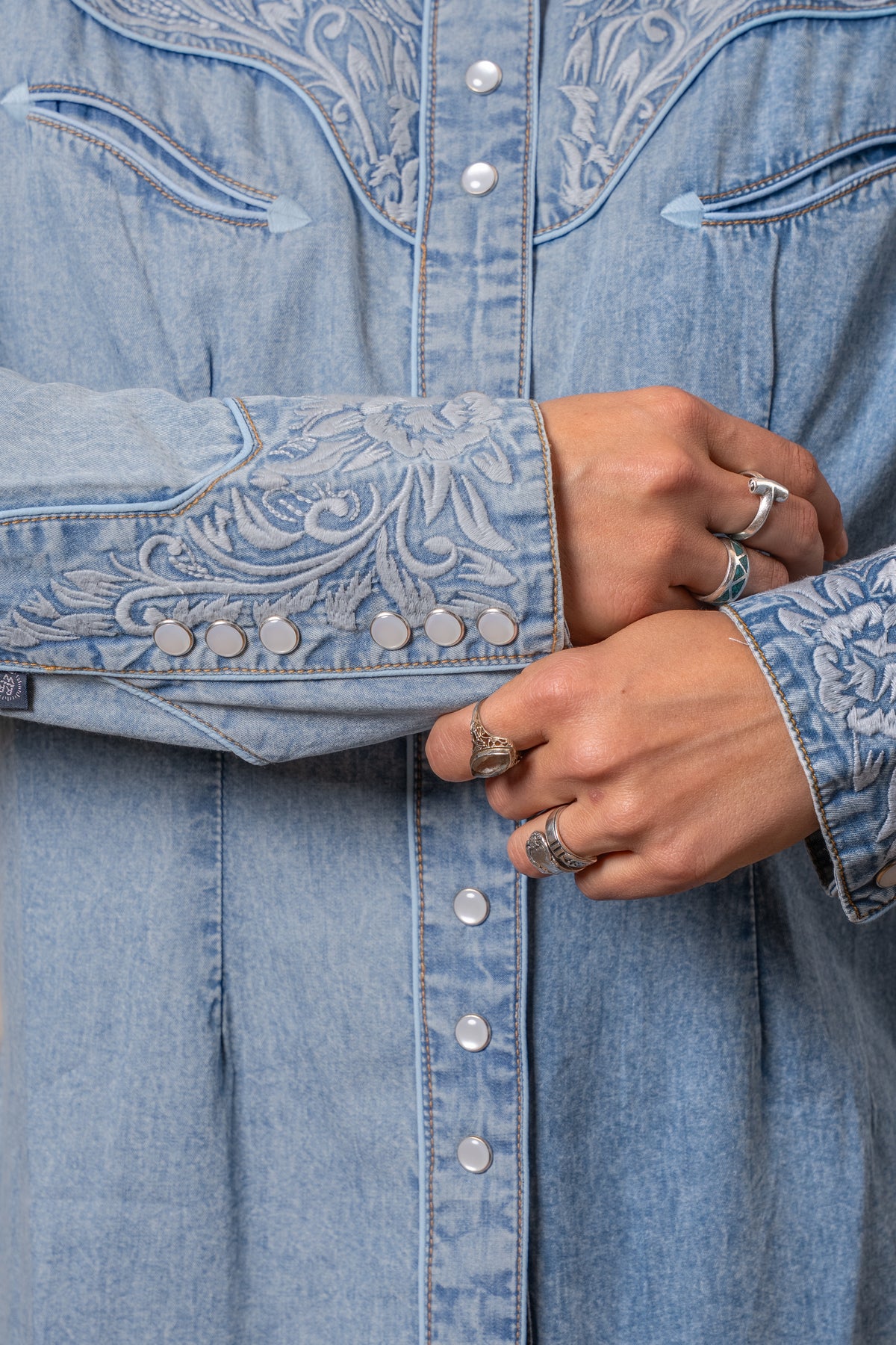 Women's Vintage Denim Blue Tooling Embroidered Western Shirt by Rockmount Ranch Wear with embroidered floral denim