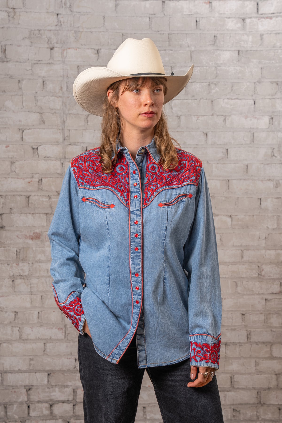 Women's Vintage Denim Red Tooling Embroidered Western Shirt by Rockmount Ranch Wear in vintage denim with embroidered floral yoke
