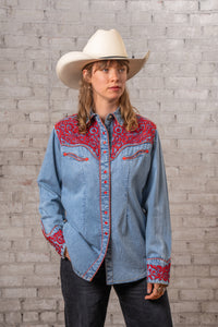 Women's Vintage Denim Red Tooling Embroidered Western Shirt by Rockmount Ranch Wear in vintage denim with embroidered floral yoke