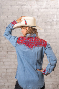 Women's Vintage Denim Red Tooling Embroidered Western Shirt by Rockmount Ranch Wear in vintage denim with floral embroidery