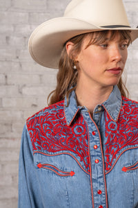 Women's Vintage Denim Red Tooling Embroidered Western Shirt by Rockmount Ranch Wear with embroidered western shirt