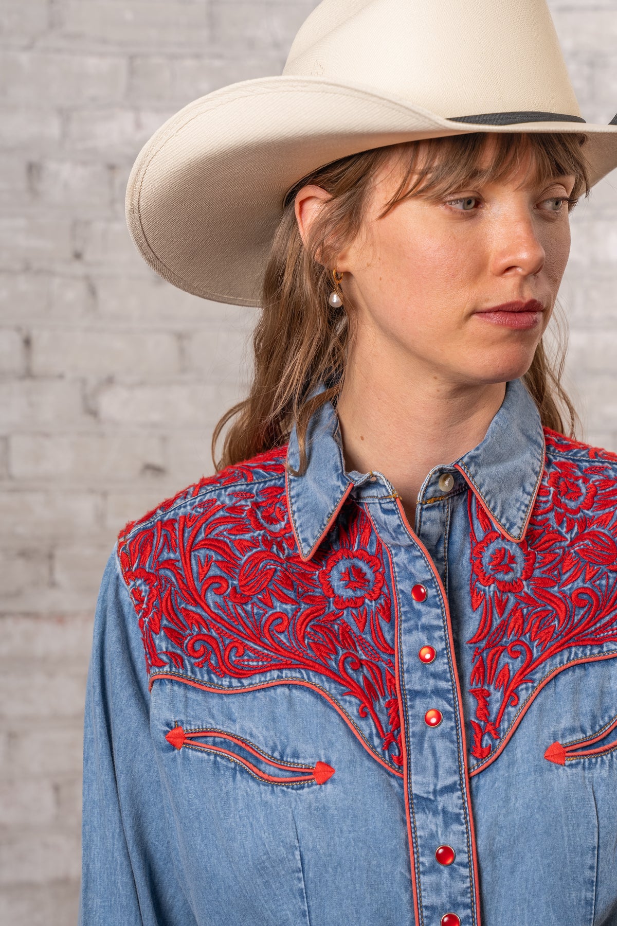 Women's Vintage Denim Red Tooling Embroidered Western Shirt by Rockmount Ranch Wear with embroidered western shirt