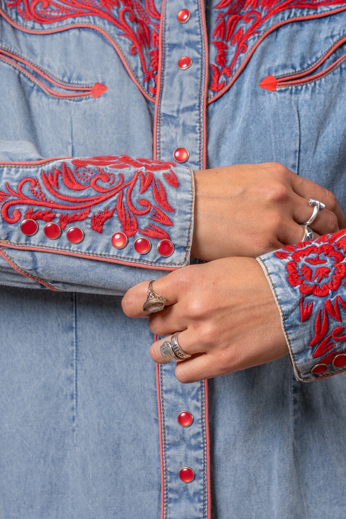 Women's Vintage Denim Red Tooling Embroidered Western Shirt by Rockmount Ranch Wear in vintage denim with embroidered floral