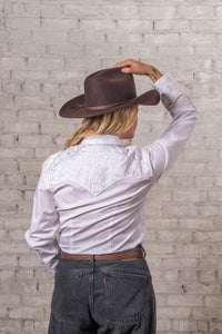 Women's Vintage White-on-White Tooling Embroidered Western Shirt by Rockmount Ranch Wear with floral embroidery