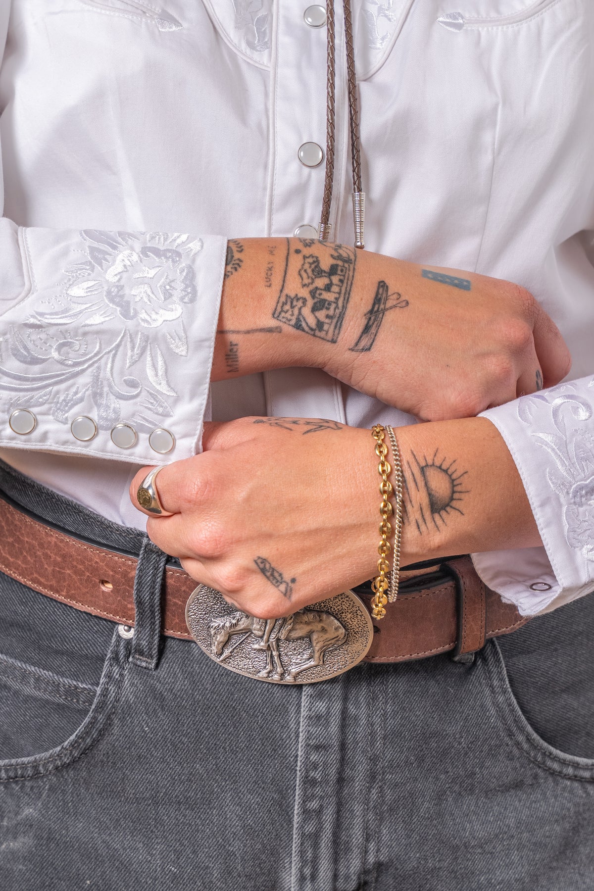 Women's Vintage White-on-White Tooling Embroidered Western Shirt by Rockmount Ranch Wear with floral embroidery