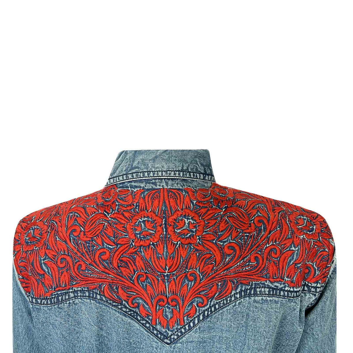 Women's Denim and Red Tooling Embroidered Western Dress by Rockmount Ranch Wear, vintage denim with floral embroidery