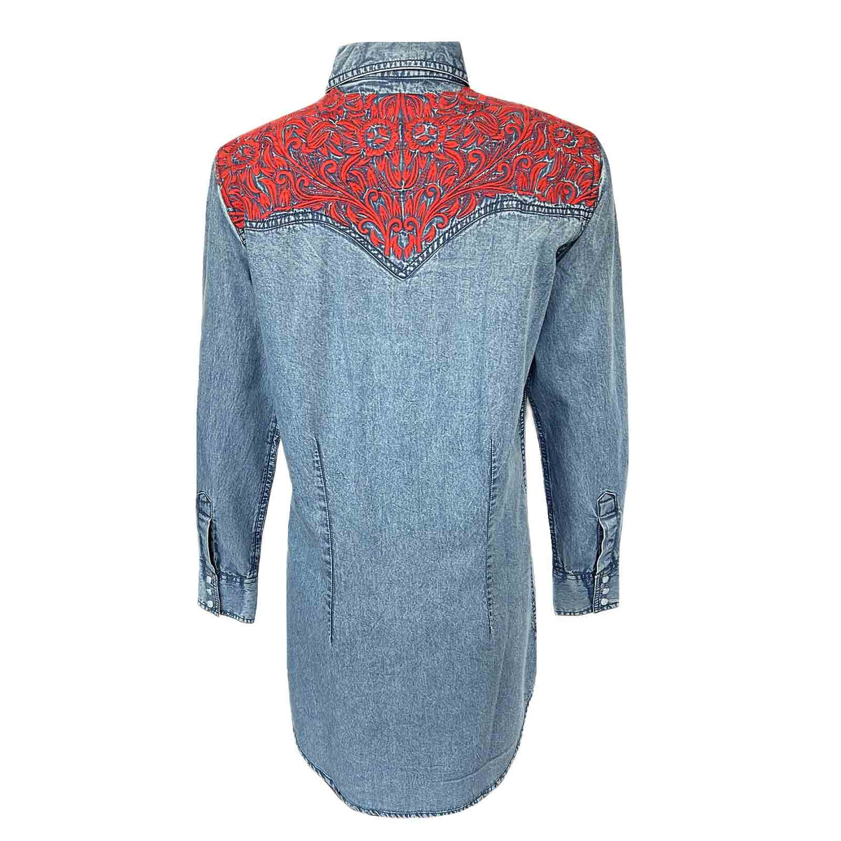 Women's Denim and Red Tooling Embroidered Western Dress by Rockmount Ranch Wear, vintage embroidered denim western dress