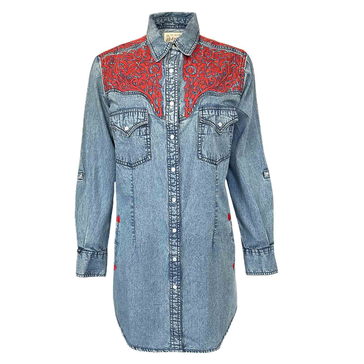 Women's Denim and Red Tooling Embroidered Western Dress by Rockmount Ranch Wear in vintage denim with floral embroidery