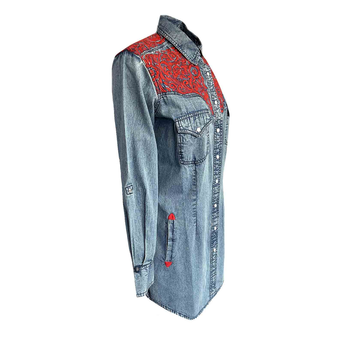 Women's Denim and Red Tooling Embroidered Western Dress by Rockmount Ranch Wear in vintage denim with floral embroidery