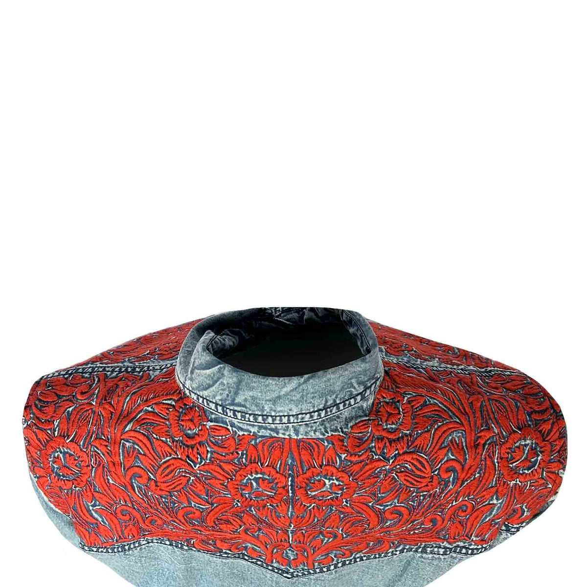 Rockmount Ranch Wear Women's Denim Red Tooling Embroidered Western Dress in vintage floral denim with embroidered front