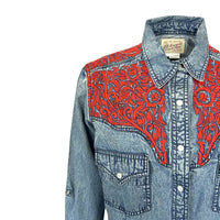 Women Denim and Red Tooling Embroidered Western Dress by Rockmount Ranch Wear in vintage denim with floral embroidery