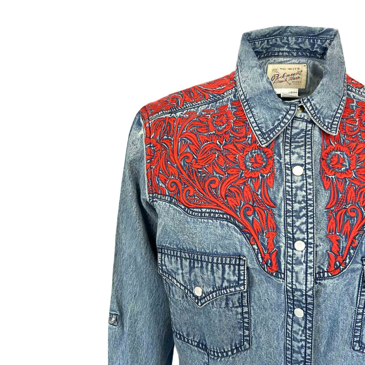 Women Denim and Red Tooling Embroidered Western Dress by Rockmount Ranch Wear in vintage denim with floral embroidery