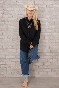 Women's Vintage Black-on-Black Tooling Embroidered Western Shirt by Rockmount Ranch Wear with floral embroidery