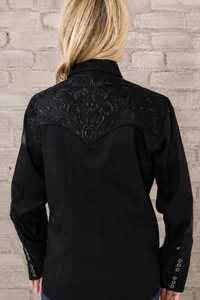Women's Vintage Black-on-Black Tooling Embroidered Western Shirt by Rockmount Ranch Wear with floral embroidery