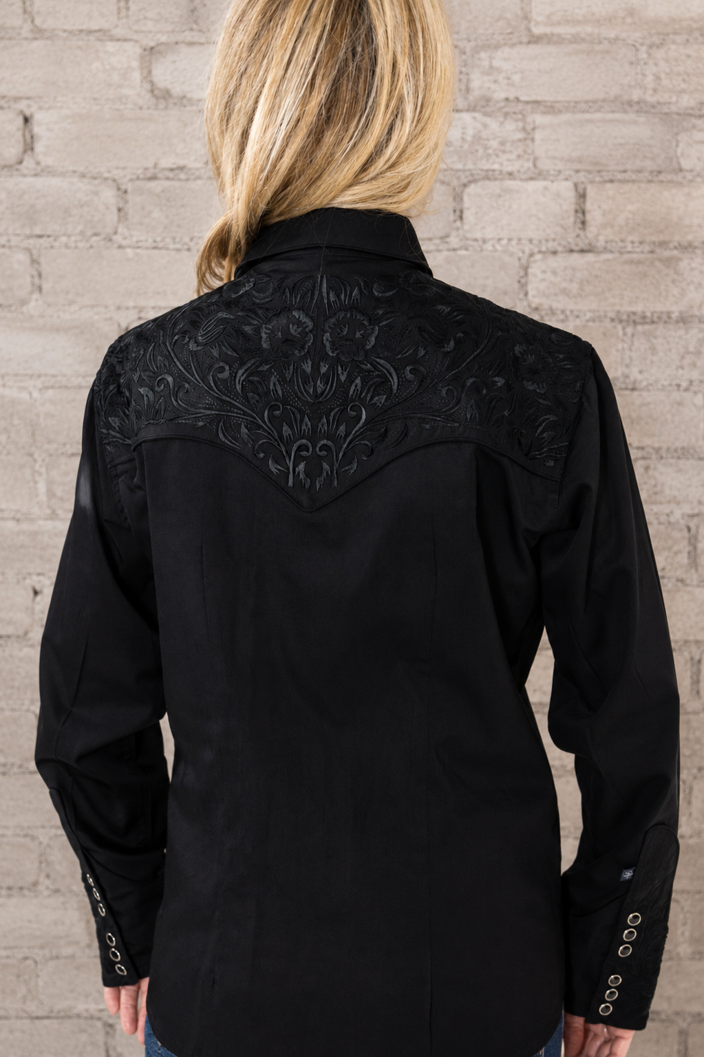 Women's Vintage Black-on-Black Tooling Embroidered Western Shirt by Rockmount Ranch Wear with floral embroidery