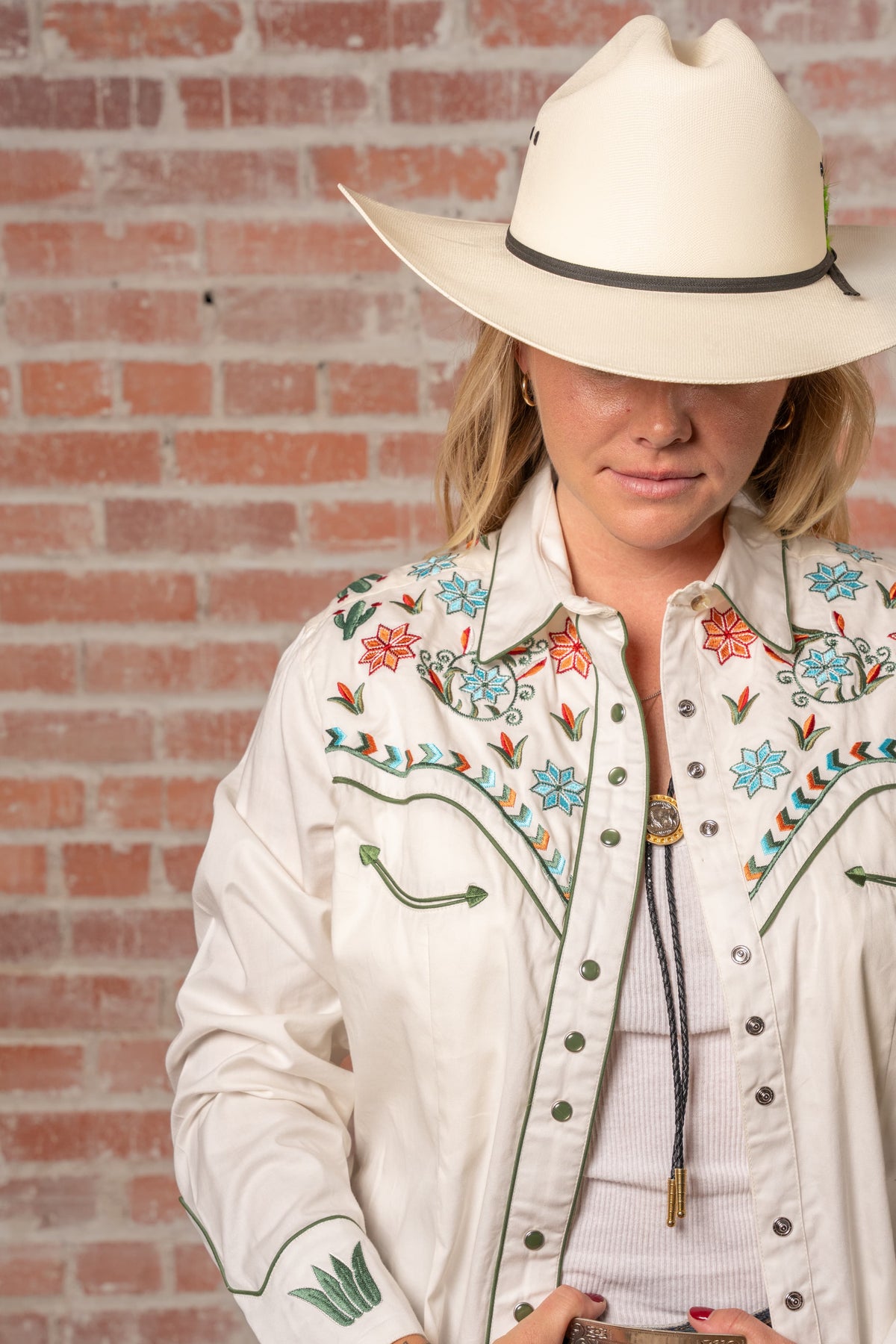 Women's Ivory Agave Cactus Floral Embroidered Western Shirt by Rockmount Ranch Wear with floral western shirt