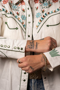 Women's Ivory Agave Cactus Floral Embroidered Western Shirt by Rockmount Ranch Wear with fringe and snaps