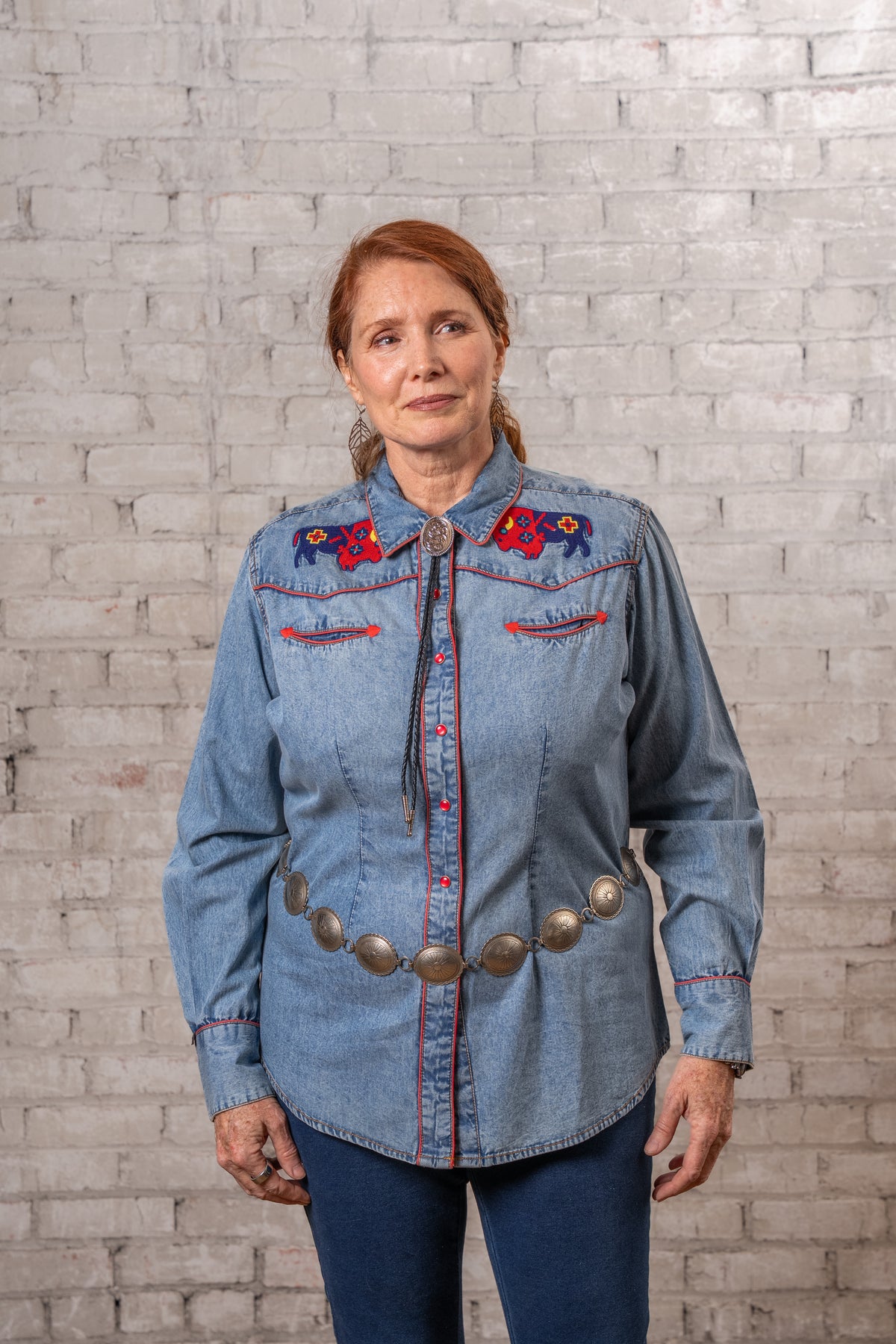 Women's Denim American Bison Embroidered Western Shirt by Rockmount Ranch Wear in denim with chenille embroidery
