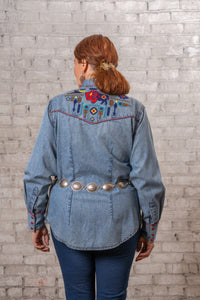 Women's Denim American Bison Embroidered Western Shirt by Rockmount Ranch Wear in vintage denim with chenille fringe