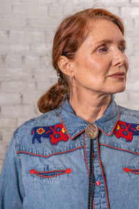 Women's Denim American Bison Embroidered Western Shirt by Rockmount Ranch Wear in denim with chenille floral snaps