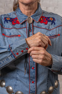 Women's Denim American Bison Embroidered Western Shirt by Rockmount Ranch Wear in vintage denim with chenille floral snaps