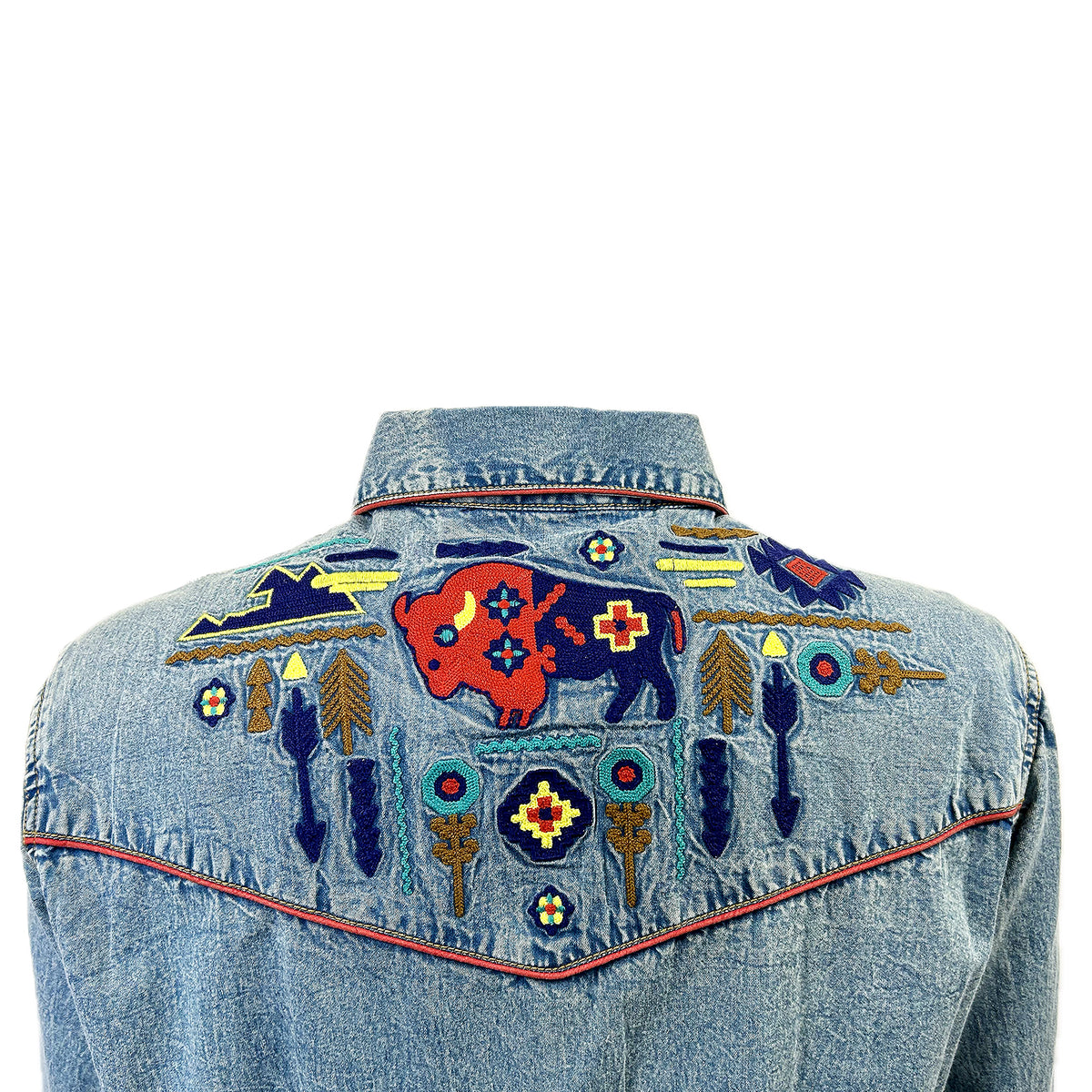 Women's Denim American Bison Embroidered Western Shirt by Rockmount Ranch Wear, vintage denim with chenille floral