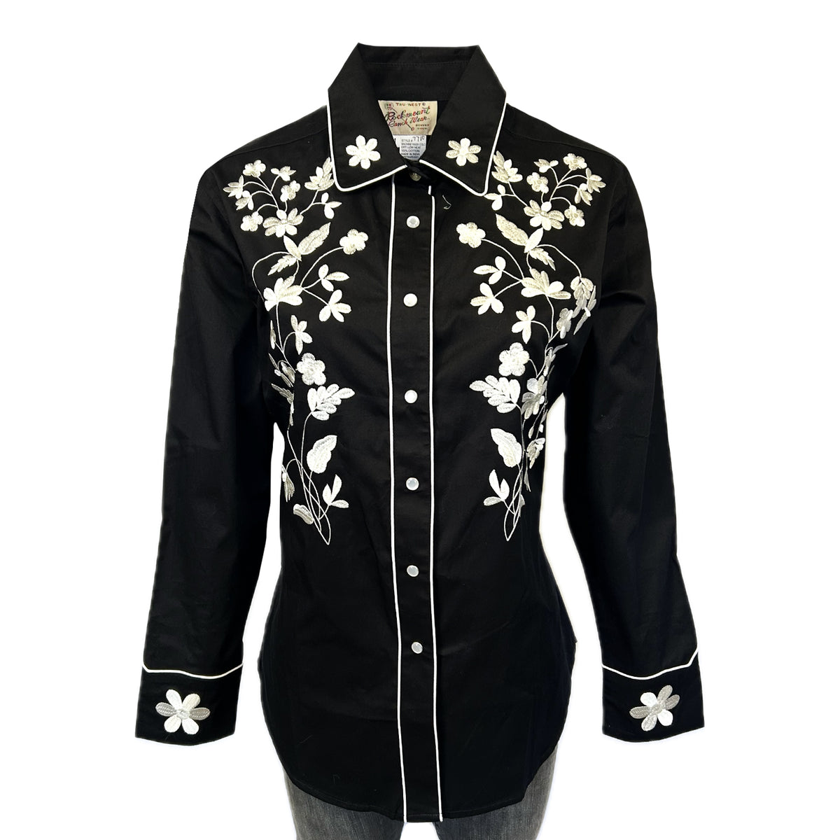 Women's Vintage Black Floral Embroidered Western Shirt by Rockmount Ranch Wear with floral embroidery and snap button front