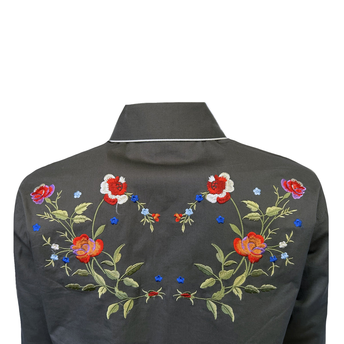 Women's Grey Floral Bouquet Embroidered Western Shirt by Rockmount Ranch Wear with floral embroidery