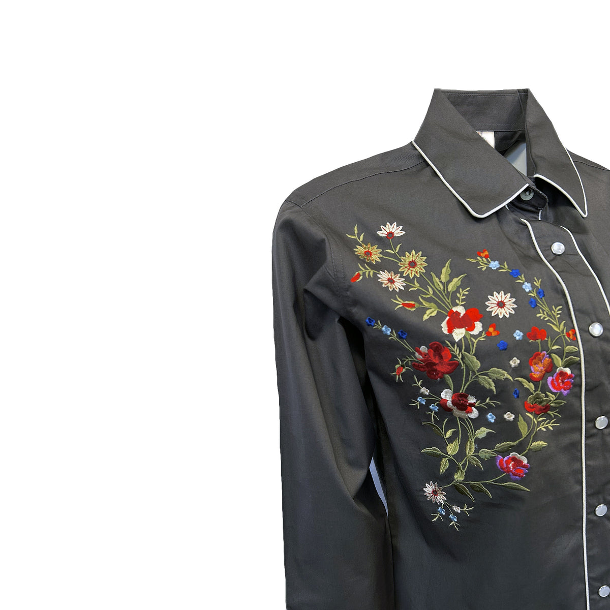 Women's Grey Floral Bouquet Embroidered Western Shirt by Rockmount Ranch Wear, floral embroidered flowers on dark fabric