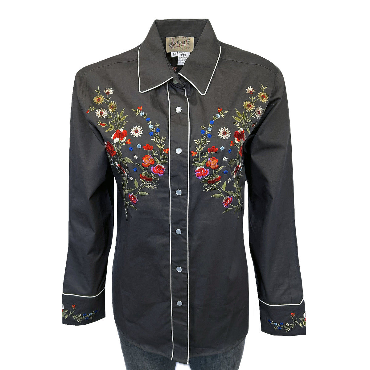 Women's Grey Floral Bouquet Embroidered Western Shirt by Rockmount Ranch Wear with floral embroidery and snap button cuffs