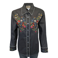 Women's Grey Floral Bouquet Embroidered Western Shirt by Rockmount Ranch Wear with floral embroidery and snap button cuffs