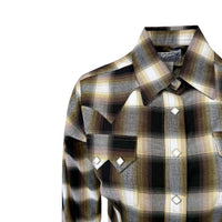 Women's Brown and Rust Shadow Plaid Sawtooth Western Shirt by Rockmount Ranch Wear in denim cotton with sawtooth pocket