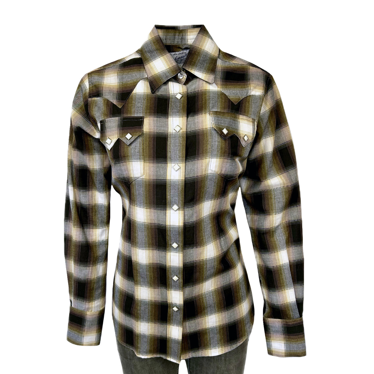 Womens Brown and Rust Shadow Plaid Sawtooth Western Shirt by Rockmount Ranch Wear with sawtooth pocket